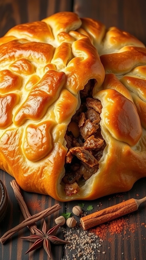 A golden-brown Qatari crust filled with spiced meat and vegetables on a rustic wooden table.